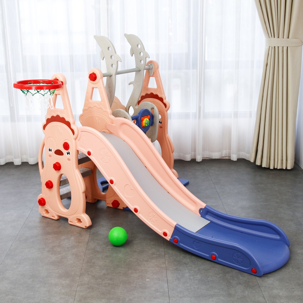 Cầu trượt có xích đu kèm khung bóng rổ, đồ chơi vận động cho bé Toyshouse WM19074, hàng chính hãng cao cấp
