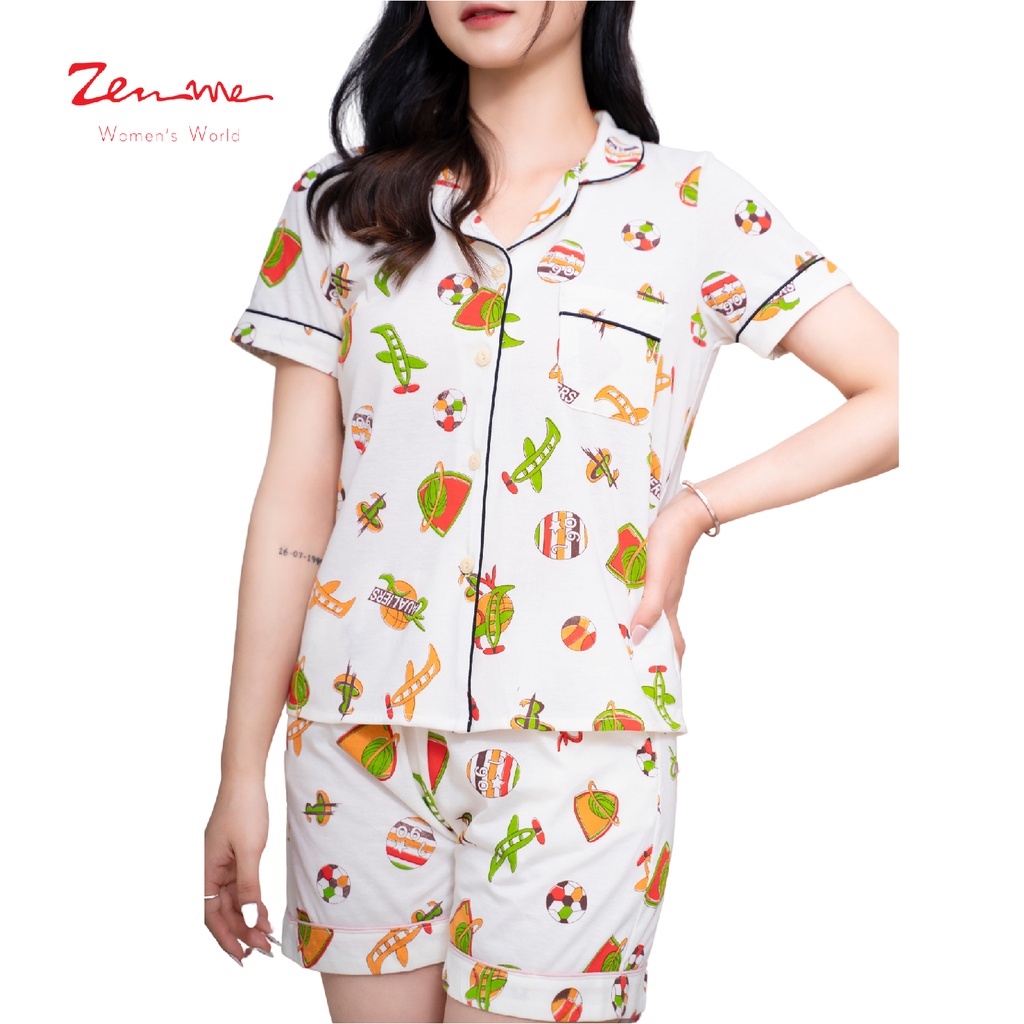 Đồ bộ mặc nhà Zen Me pijama nữ cộc tay quần đùi chất liệu chuẩn cotton họa tiết dễ thương