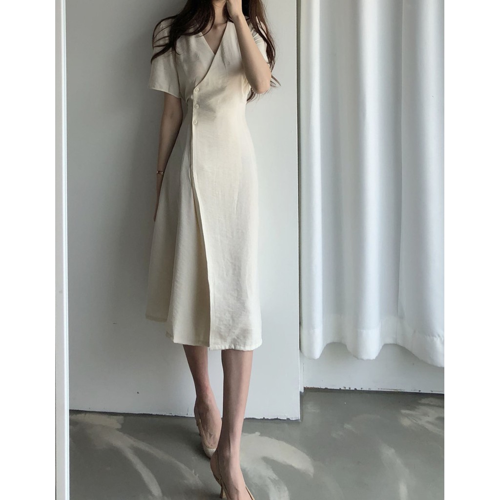 Xiaozhainv Đầm nữ xẻ cổ chữ V với 3 hàng nút ôm eo tay ngắn phong cách Hàn Quốc | BigBuy360 - bigbuy360.vn