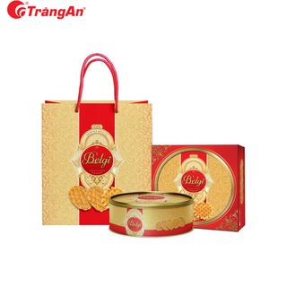 Bánh Belgi trứng sữa hộp thiếc màu đỏ 350g, tặng kèm túi giấy, thích hợp làm quà biếu tặng, thương hiệu Tràng An
