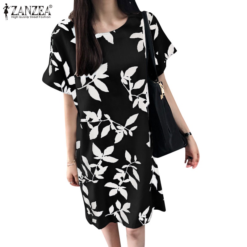 Đầm lửng ZANZEA tay ngắn cài nút phía sau phong cách vintage thời trang cho nữ