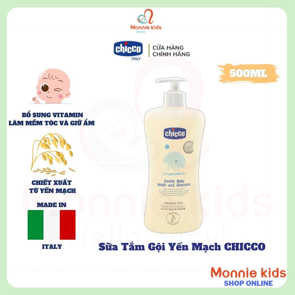 Sữa tắm gội cho bé CHICCO 500ml 0m+, sữa tắm yến mạch cấp ẩm da cho trẻ em - Monnie Kids