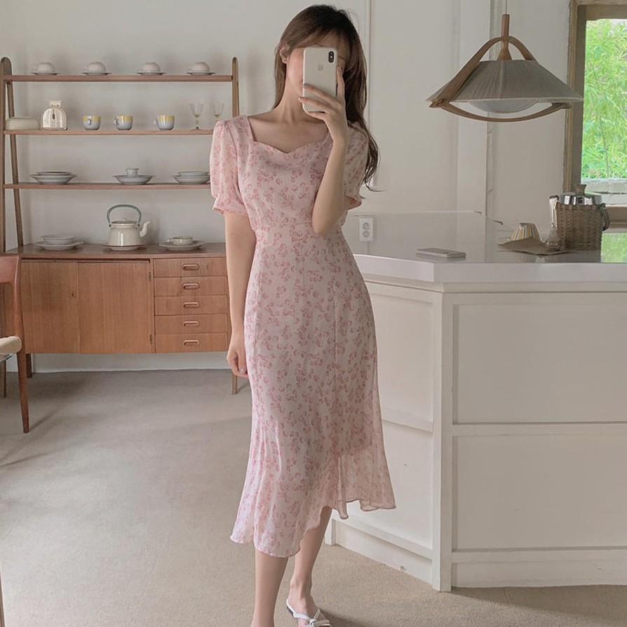 Đầm Voan Hoa Cổ Vuông Thắt Dây Thời Trang Mùa Hè Hàn Quốc Mới 44662