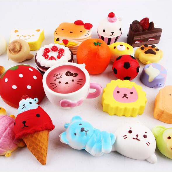 Bộ 10 / 20 / 30 móc khóa squishy dẻo có độ đàn hồi nhiều hình dạng dễ thương