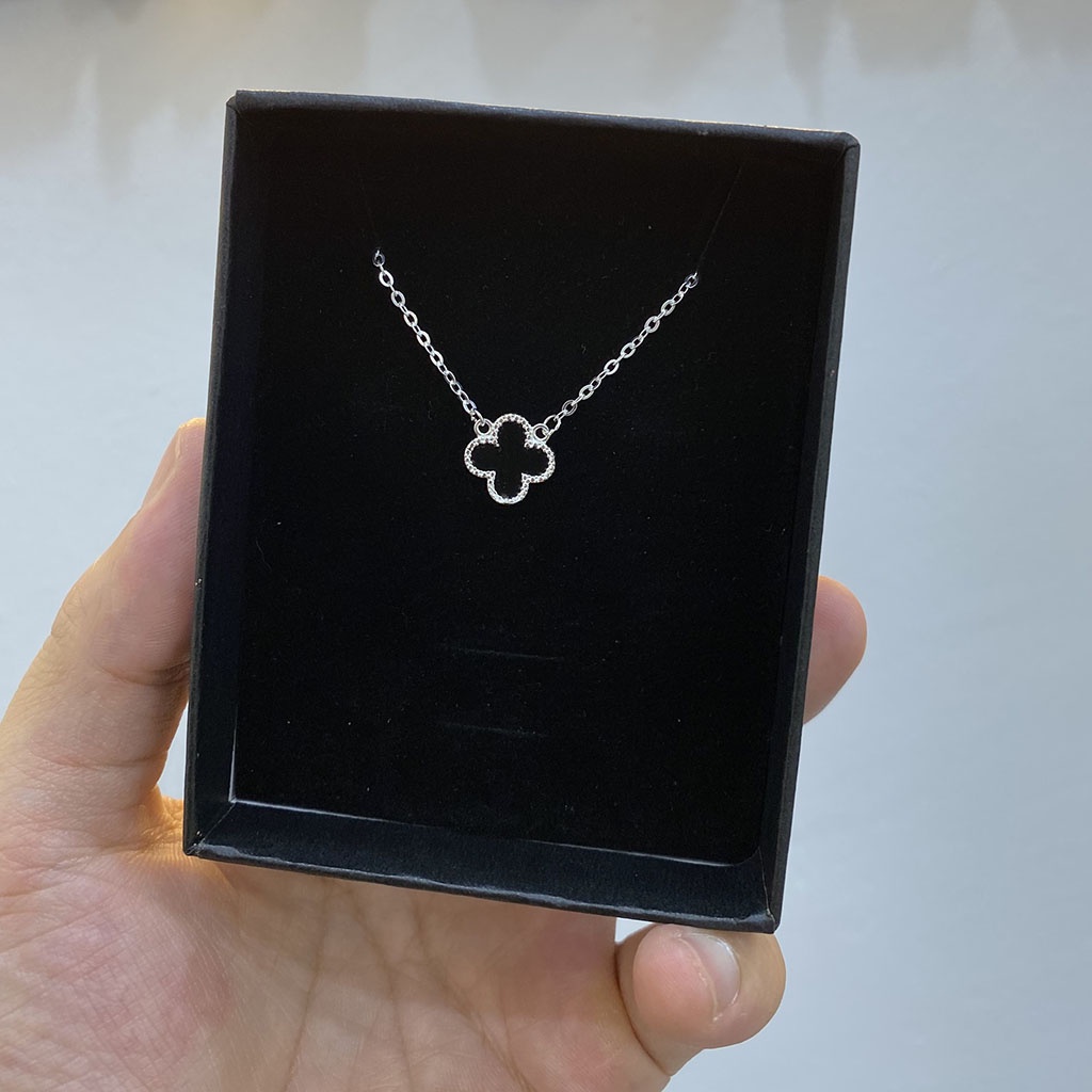 Dây chuyền Bạc Handmade.Vòng cổ cỏ bốn lá nạm đá đen bạc nguyên chất-Bạc Handmade
