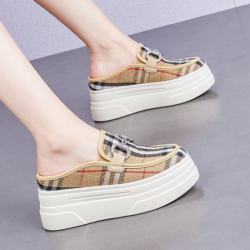 🎀COOL A Dép Bít Mũi Thoáng Khí Đính Đá Thời Trang Cho Nữ Baoto half Slipers Female Dưới đáy dày Trượt trên bàn chân Cùng phong cách với các vì sao