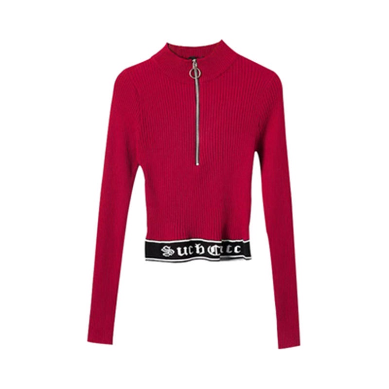 Áo thun COZOK dệt kim tay dài cổ cao hở rốn có khóa kéo in chữ