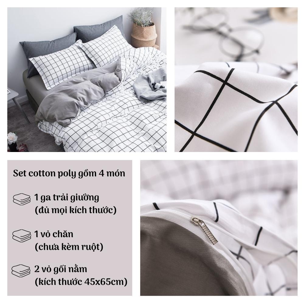 Bộ 4 món chăn ga gối drap giường cotton poly thoáng mát họa tiết caro trắng Otama Bedding miễn phí bo chun ra nệm