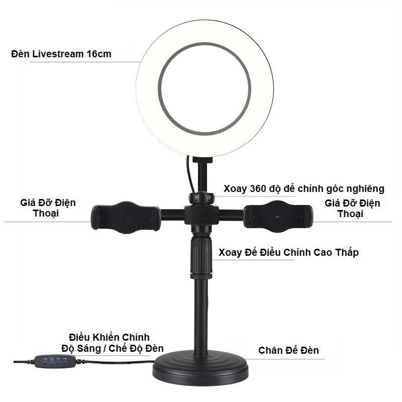 Đèn livestream để bàn 16cm kẹp 2 điện thoại có đèn hỗ trợ 3 chế độ sáng, quay tiktok, bán hàng, make up