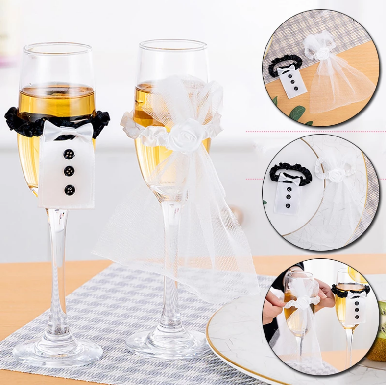 Set 2 Vỏ Bọc Ly Rượu Vang Hình Đầm Cưới Cô Dâu Chú Rể Sáng Tạo