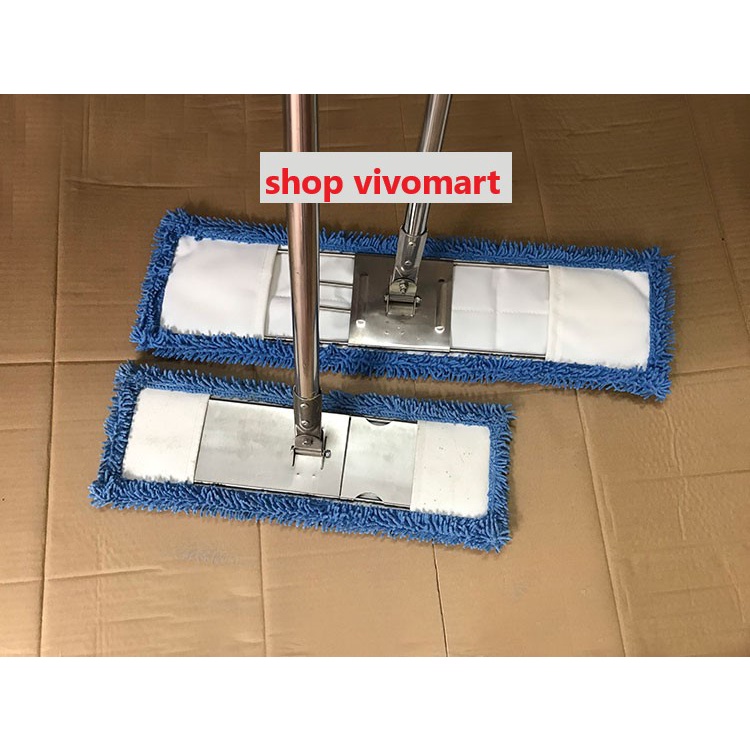 Chổi lau khô, lau ẩm 60cm, 45cm vải san hô xanh cán inox dài 130cm,xoay 360 ,loại rút gọn thông minh