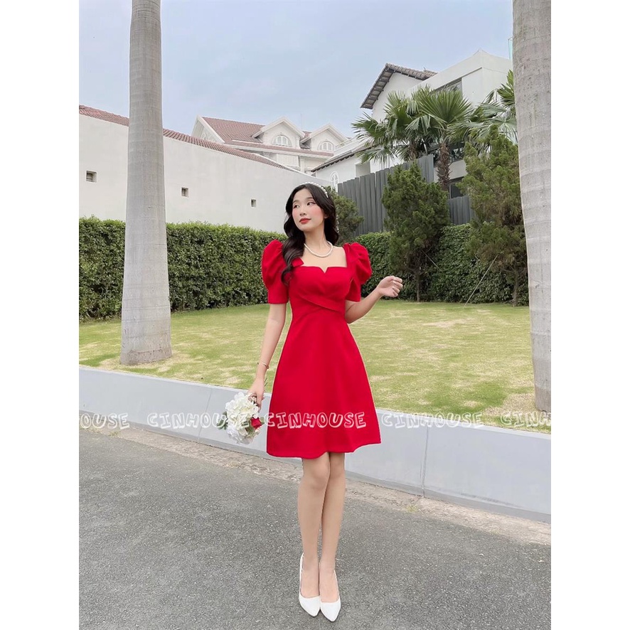 Đầm cổ vuông Mery 0102 phối tay phồng nơ vai trẻ trung CIN HOUSE