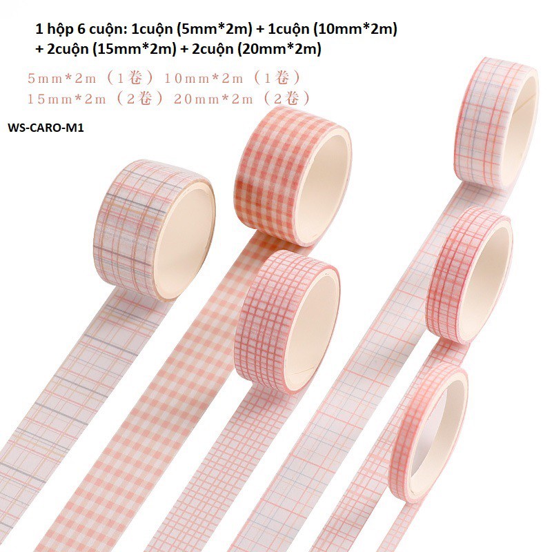 Hộp washi tape 6 cuộn vintage họa tiết kẻ caro cute xinh yêu dán sổ tay Lalunavn - A06