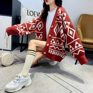 [AT] Áo Khoác Cardigan Dệt Kim Dày Dáng Rộng Họa Tiết Hình Học Thời Trang Mùa Xuân Cho Nữ