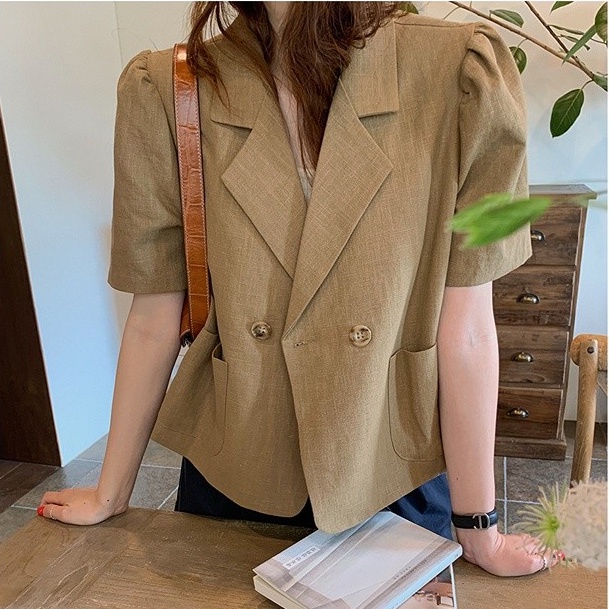 Áo Khoác Blazer Mỏng Tay Ngắn Phồng Phong Cách Retro Hàn Quốc Cho Nữ | BigBuy360 - bigbuy360.vn