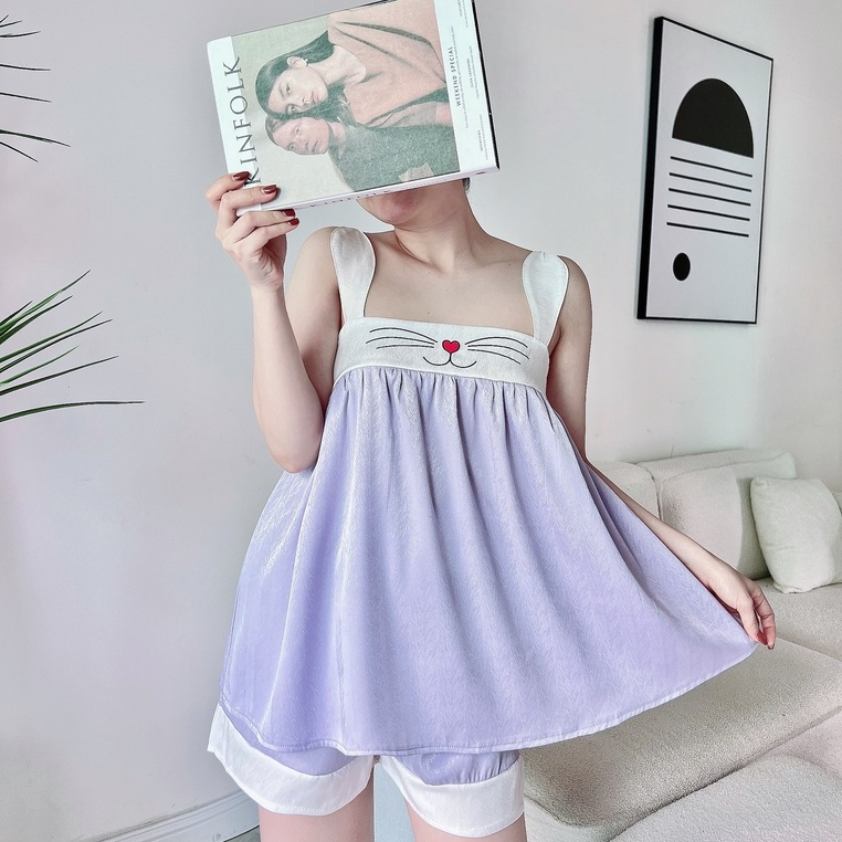 Bộ Mặc Nhà Nữ SOJUN chất liệu Lụa Xước Tô Châu Trơn In Hình Dưới 45-75Kg