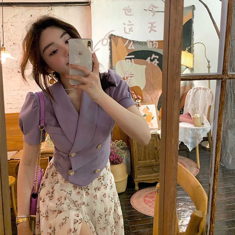 Áo khoác ngắn tay phồng hai hàng nút màu sắc ngọt ngào thời trang mùa hè dành cho nữ