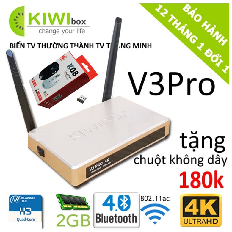 Android Tivi Box  KIWI V3 PRO – RAM 2GB,BLUETOOTH 4.1 Android 7, 2 Anten Wifi mạnh mẽ, Mới 100% , Hàng Chính Hãng