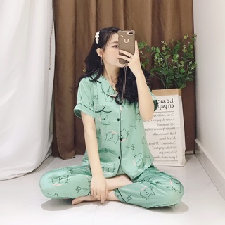 [Xả hàng] Bộ lụa/ pijama hoạ tiết áo cộc - quần dài