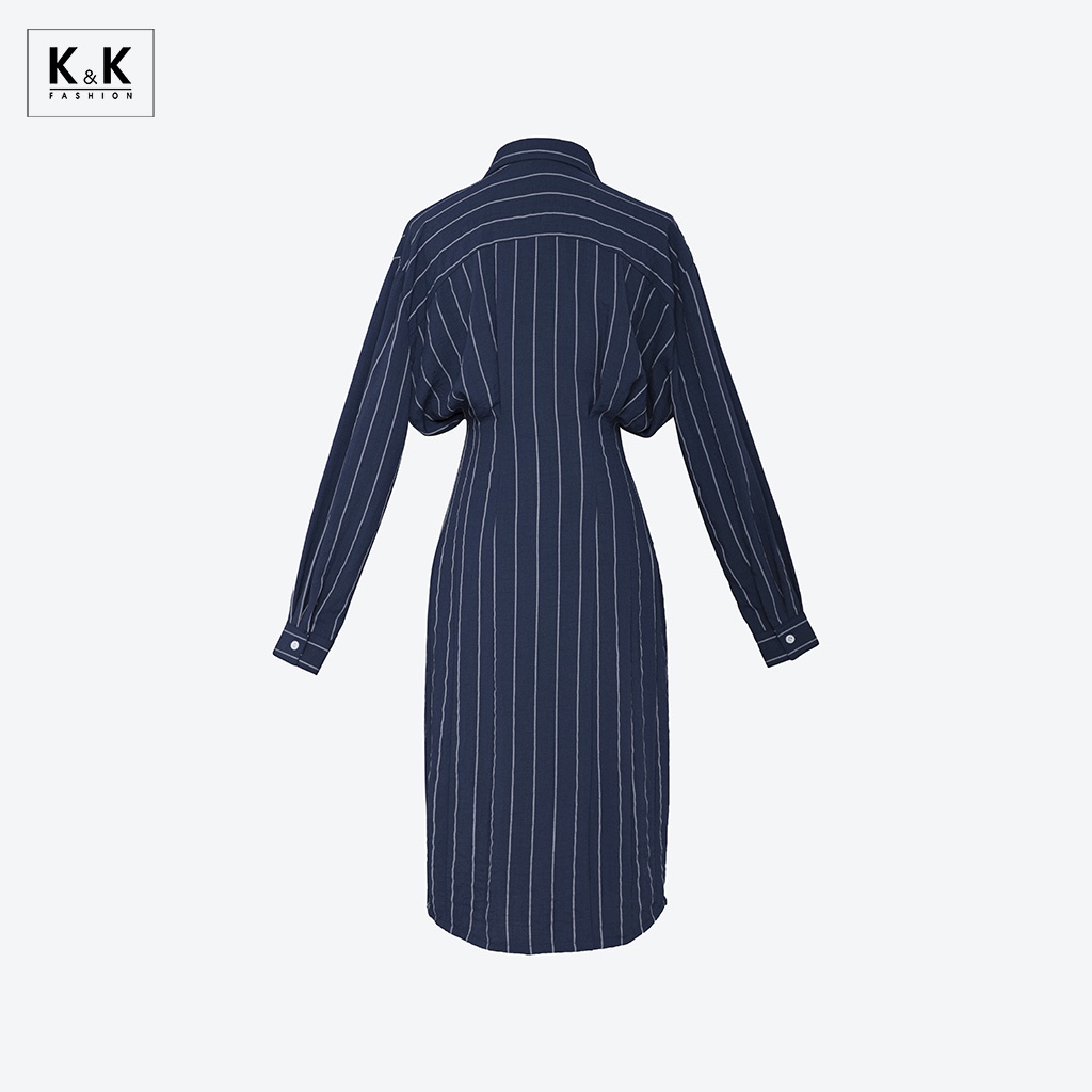 Đầm sơ mi kẻ sọc nhấn eo cao tay dài HL18-09 K&K Fashion chất liệu cotton