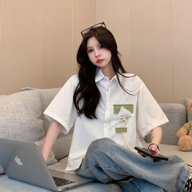 Áo sơ mi ZHELIHANGFEI tay ngắn dáng rộng theo phong cách preppy độc đáo/dễ phối đồ