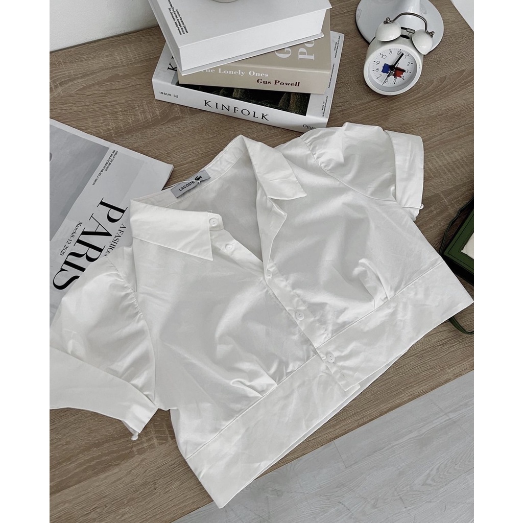 Áo sơ mi thô croptop cài cúc tay bồng Hàn Quốc