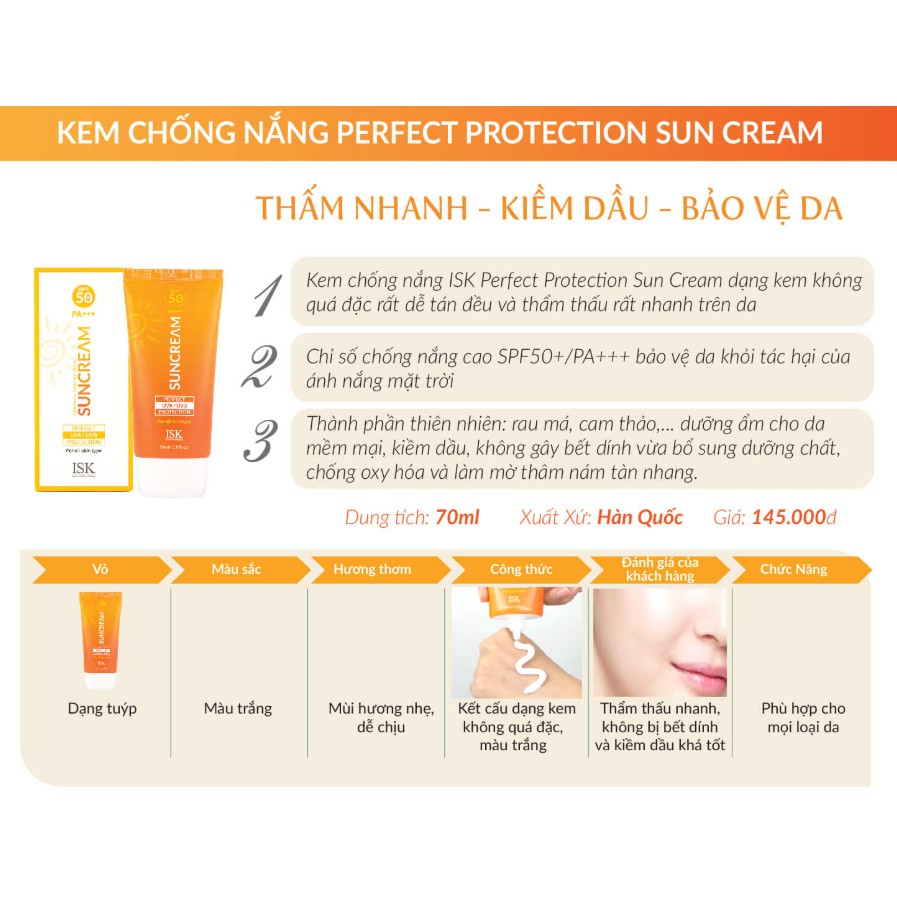 Kem chống nắng trắng da, kiềm dầu lên tông Beauskin Isk Perfect Protection Sun Cream Hàn quốc SPF 50  PA+++ 70ML/hộp