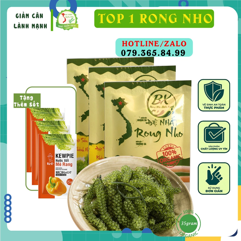 Rong nho tách nước, rong nho biển xanh Combo 3 gói nở ra 315gr tươi tặng thêm 3 gói sốt mè rang kewpie 15ml