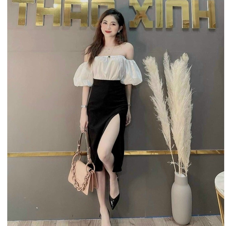 Sét áo nữ tay phồng trễ vai phối chân váy xẻ tà
