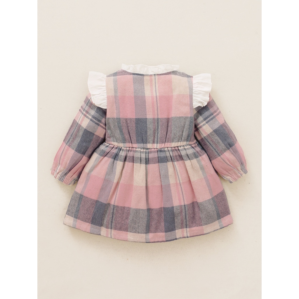 Đầm Mikrdoo họa tiết kẻ caro tay dài phối màu hồng dễ thương nhún bèo phong cách công chúa cho bé gái