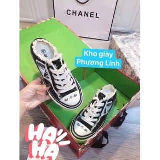 Giày sục đạp gót jeans vải rách viền tua rua nâng đế viền đen khắc chữ full box giúp thêm năng động và quyến rũ.