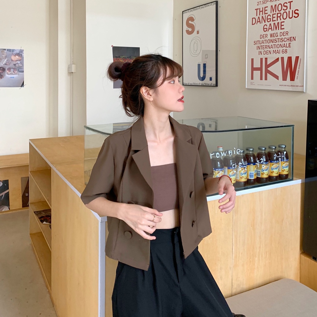 SET ÁO BLAZER ULZZANG NGẮN TAY CROPTOP HOT TREND 2021-  PHONG CÁCH HÀN QUỐC GỒM ÁO TRONG VÀ ÁO NGOÀI (CÓ VIDEO THẬT) | BigBuy360 - bigbuy360.vn