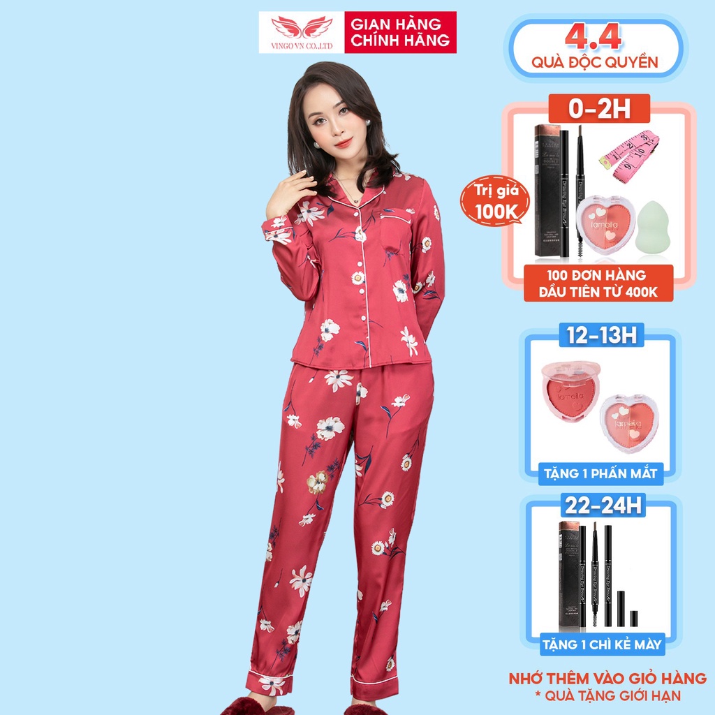 Đồ Bộ Nữ Pijama Mặc Nhà VINGO Chất Liệu Lụa Pháp Cao Cấp Tay Dài Quần Dài Họa Tiết Hoa Đỏ Thanh Lịch H521 VNGO