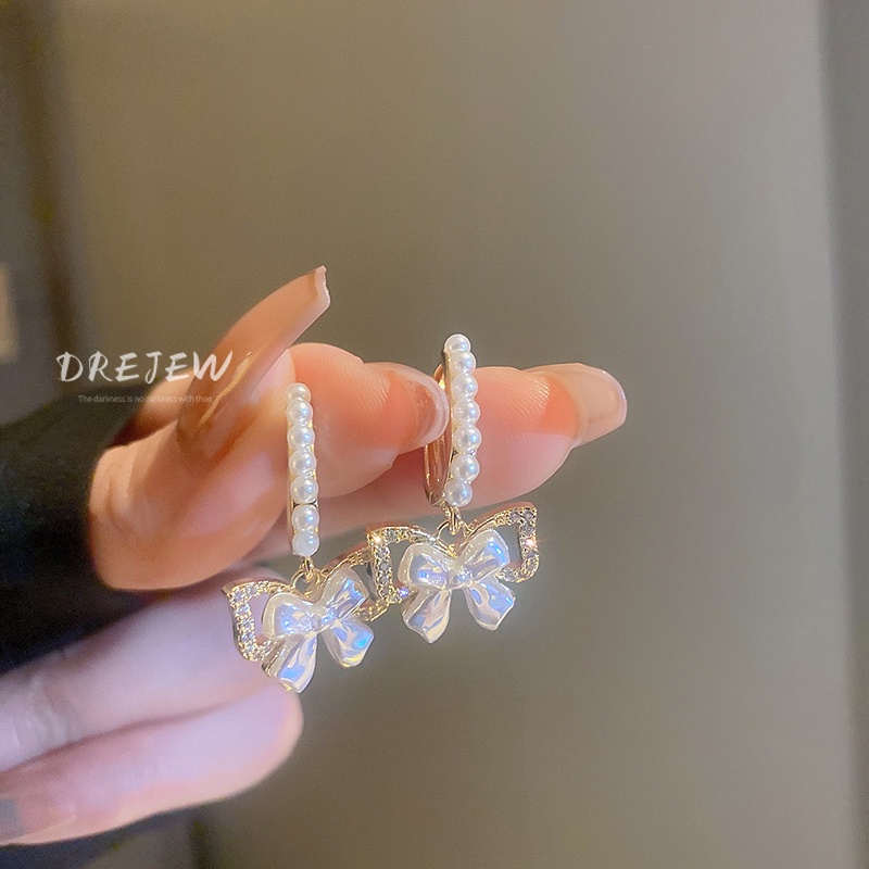 DREJEW Khuyên tai đính đá ngọc trai giả phong cách Pháp sang trọng