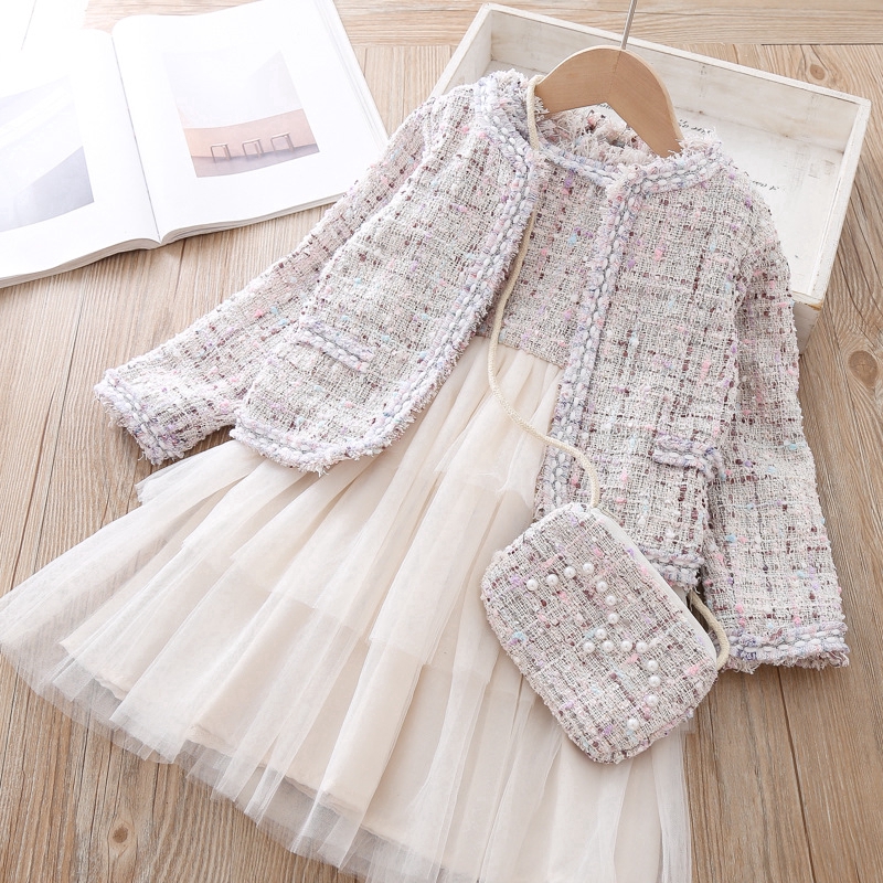 Bộ trang phục Bear Leader AX1300 PL đầm công chúa vải lưới và áo khoác vest thời trang mùa thu cho bé gái