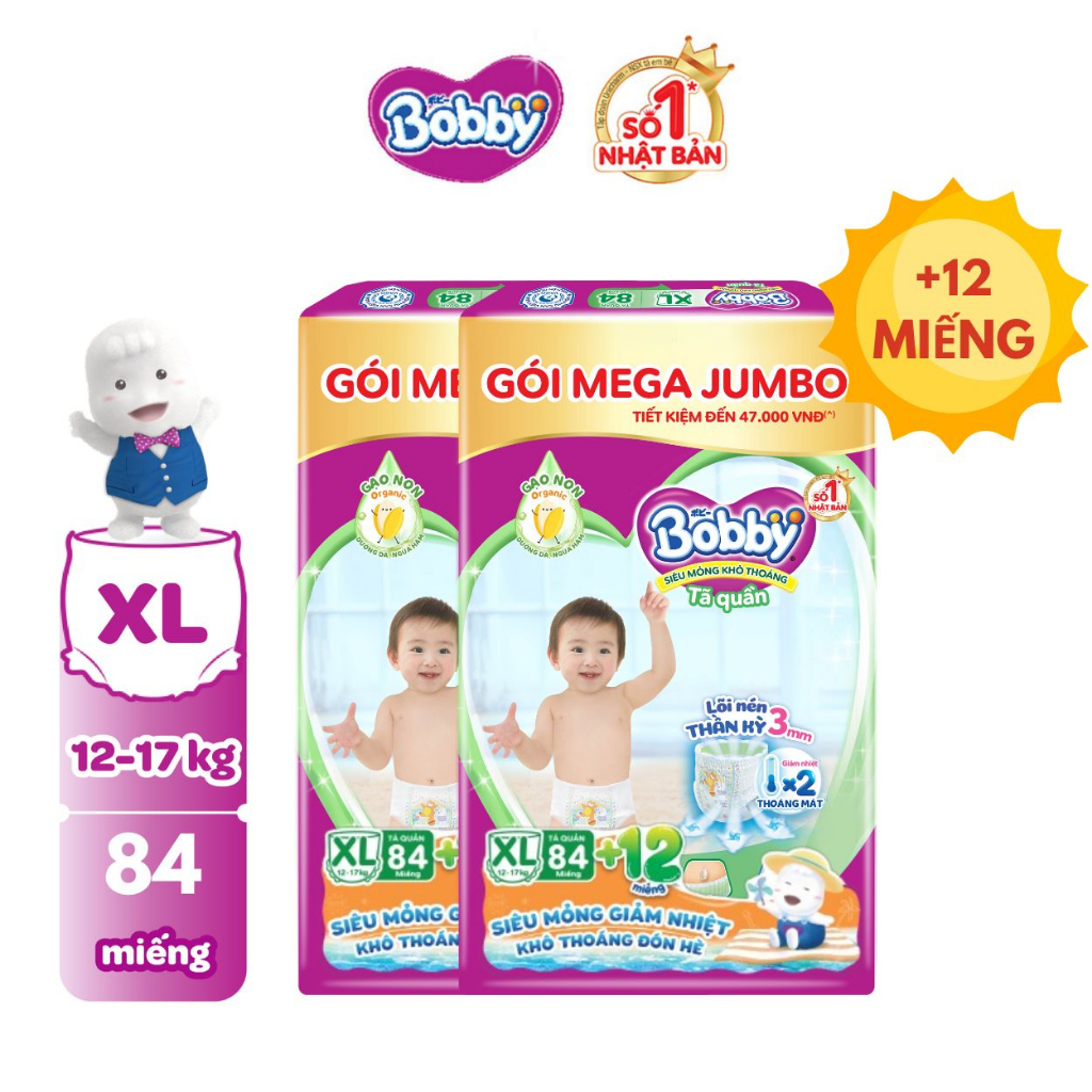 Combo 02 gói Tã quần Bobby 3mm Gạo non Giảm nhiệt Mega Jumbo M112+12/L96+12/XL84+12/XXL76+12