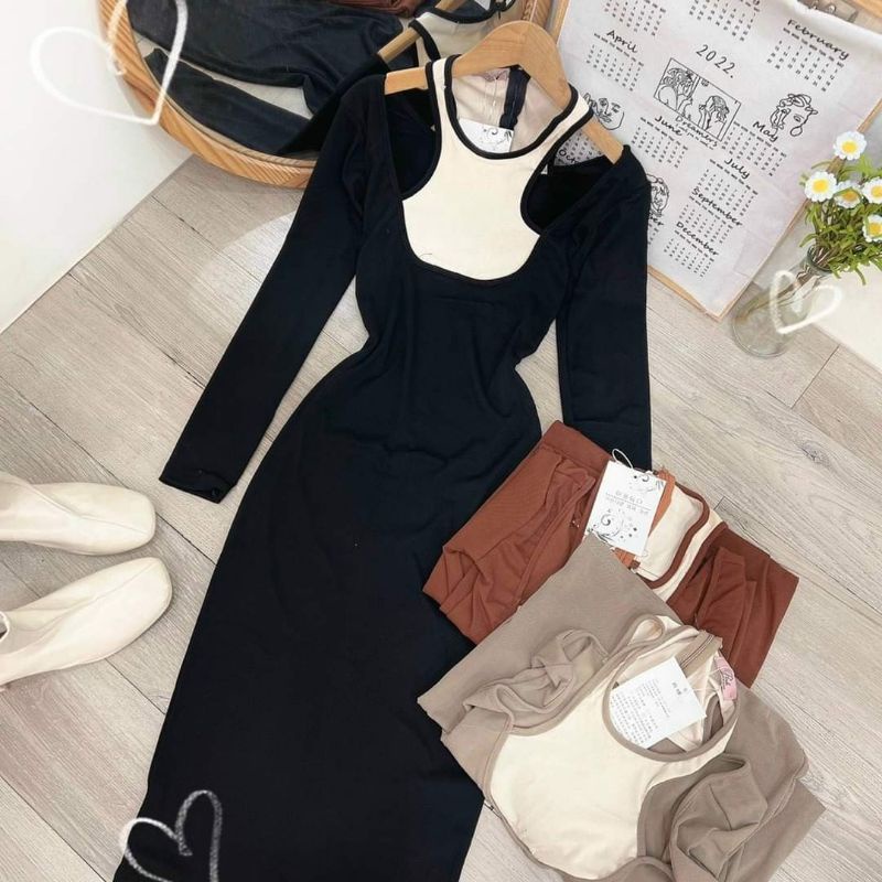 Đầm body cổ yếm phối màu