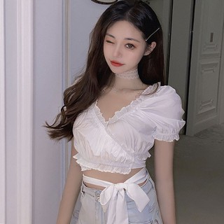 colorbob 🎀 áo kiểu kate lụa nhún dây cột eo,Áo croptop tay ngắn cổ chữ V màu trơn phối