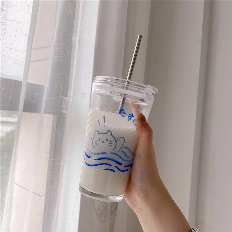 Ly, cốc thuỷ tinh uống nước in hình mèo béo có nắp và ống hút thuỷ tinh