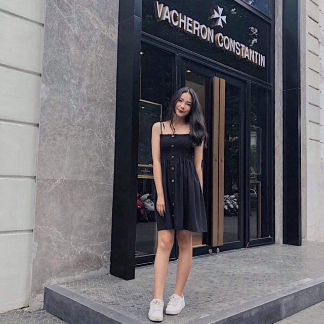 [Mã FAMARAL1 giảm 10K đơn 50K] Đầm Xinh Hai Dây màu đen có bo chun co giãn quanh ngực | BigBuy360 - bigbuy360.vn