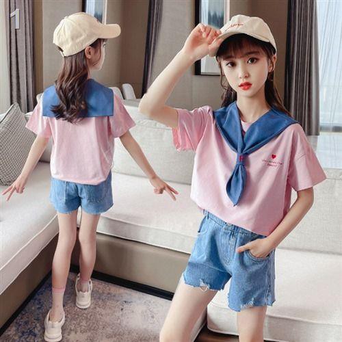 khoác bé gái◈❀Năm 2021 mùa xuân mới áo thun cổ thủy thủ quần short denim phù hợp với thời trang trẻ em hai mảnh p