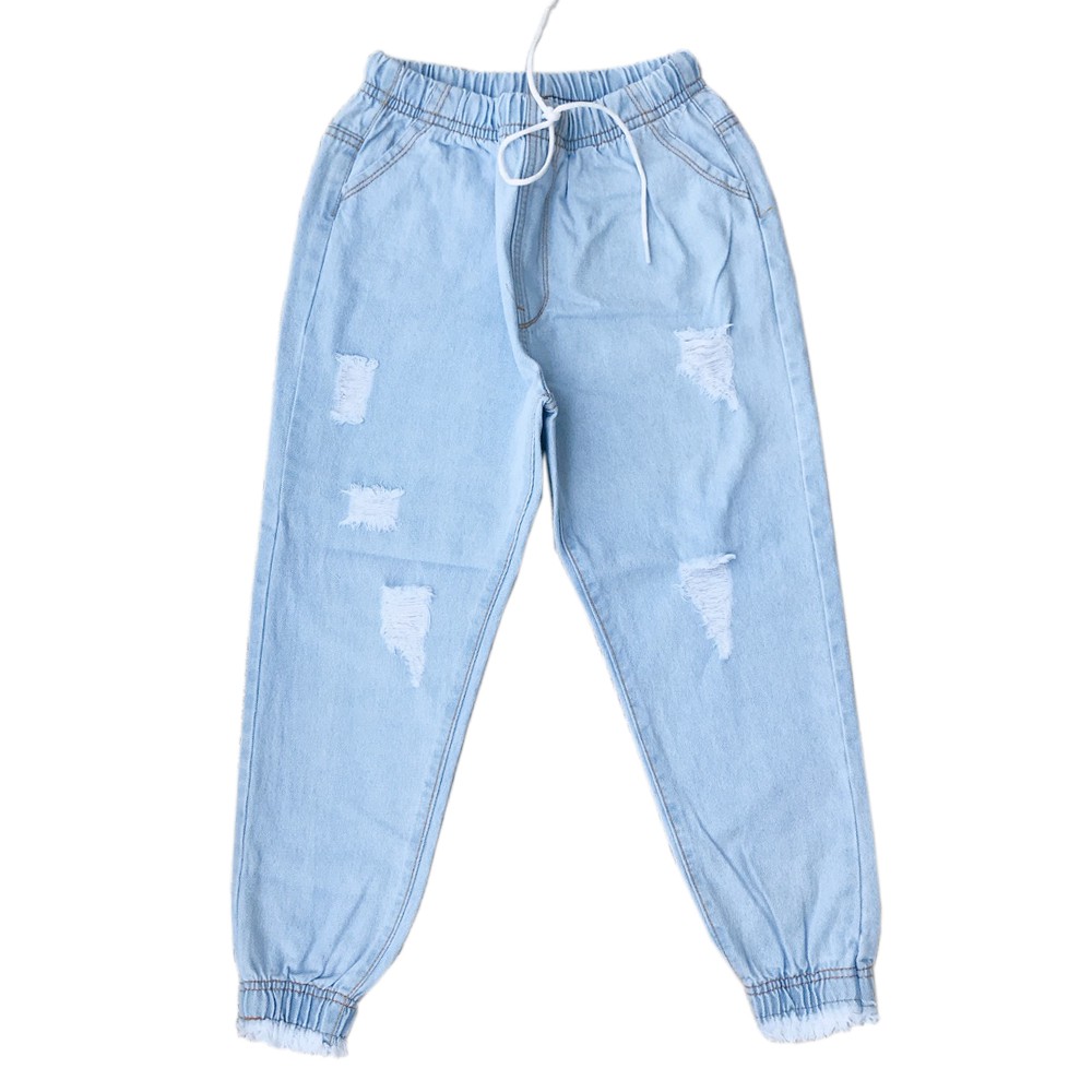 Quần jean baggy quần bò cạp cao lưng thun chất cotton không co dãn màu xanh rách