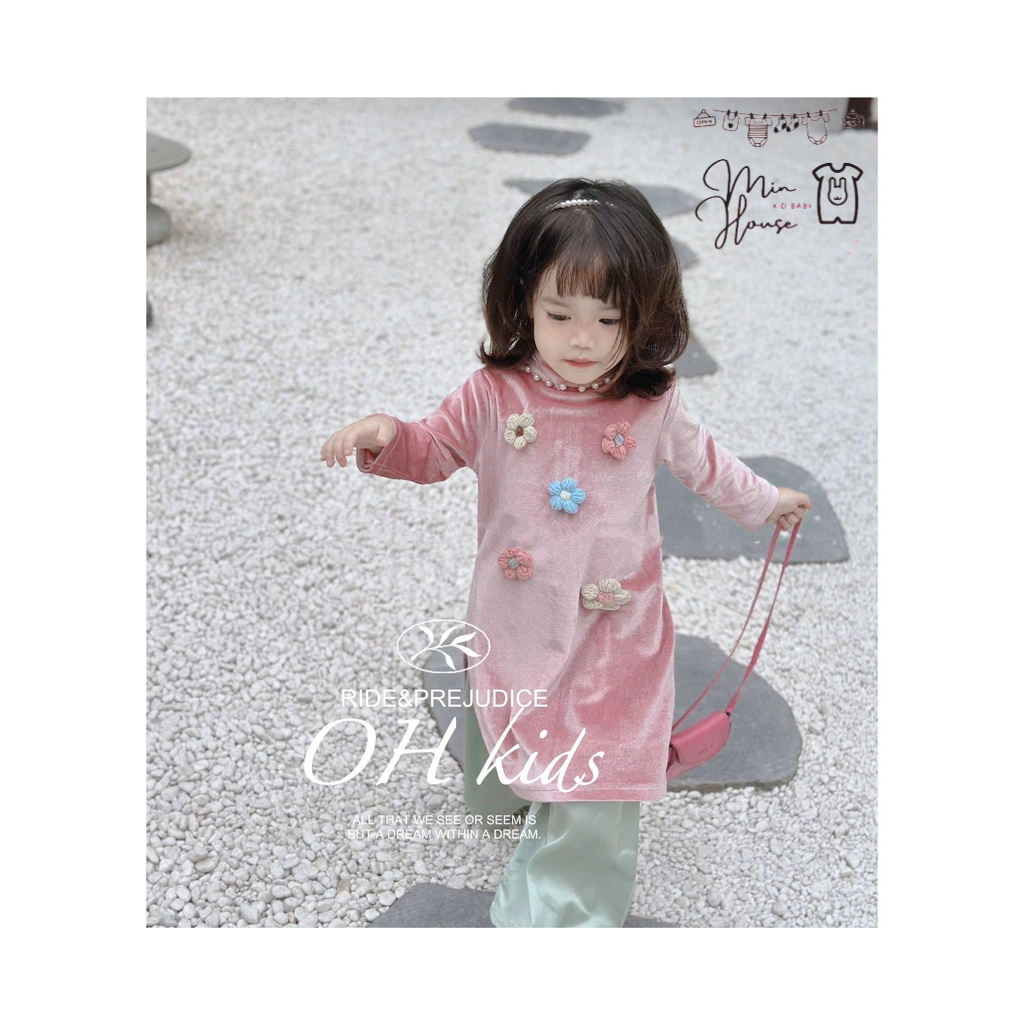 Set áo dài nhung đính hoa len cho bé gái