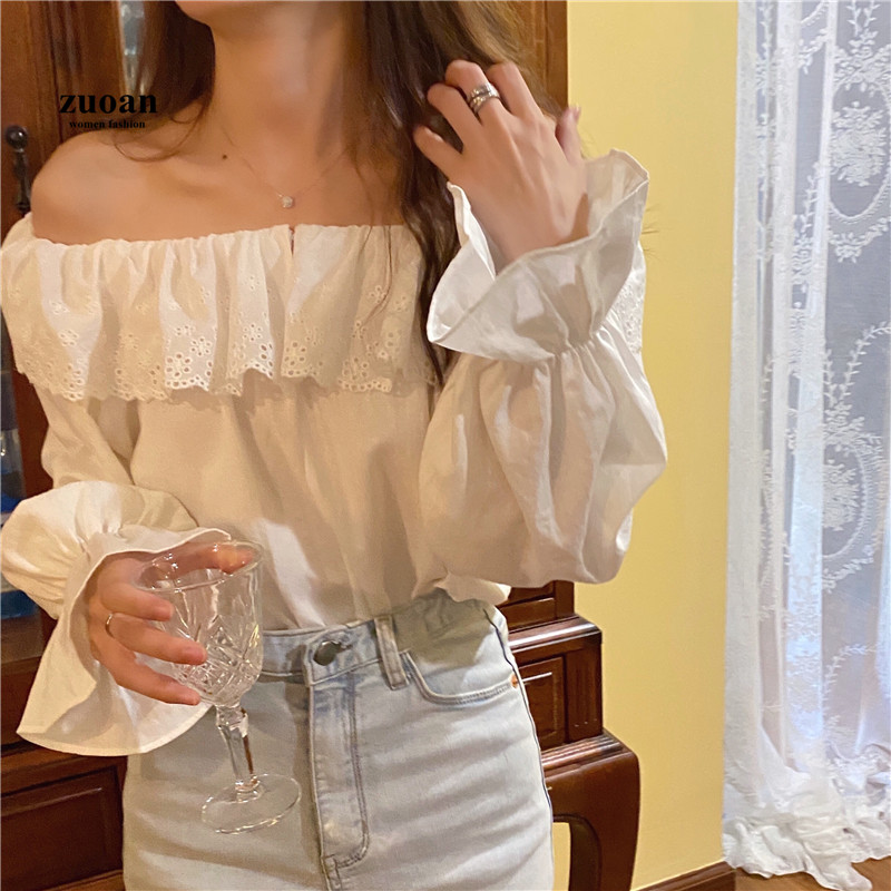 SUXI Áo Kiểu Nữ Tay Dài Phối Bèo Phong Cách Hàn Quốc