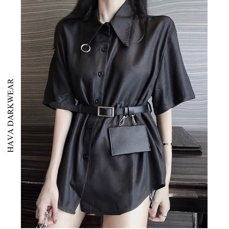 Áo sơ mi đen tay lỡ kèm mini bag HAVADW form suông rộng dáng oversize cá tính chất kaki mềm ASM01