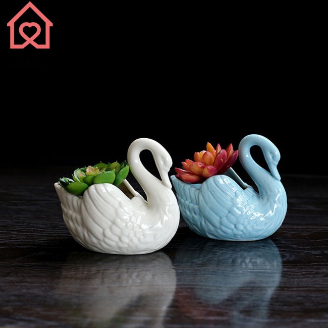 Chậu Hoa Gốm Sứ Hình Thiên Nga Màu Xanh Dương