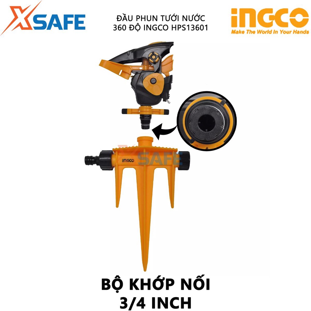 Đầu phun tưới nước 360 độ INGCO HPS13601 -  Chất liệu: ABS + PP, bộ khớp nối 3/4&quot;, 3 ty gài nhựa, có thể xoay 360 °
