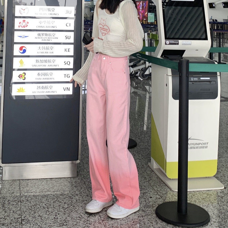 Quần Jean Ống Rộng Lưng Cao Màu Hồng Gradient Thiết Kế Mới Thời Trang Mùa Xuân Dành Cho Nữ