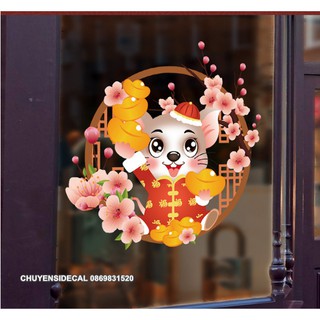 Decal trang trí Tết - Chuột Hoa Đào Hồng