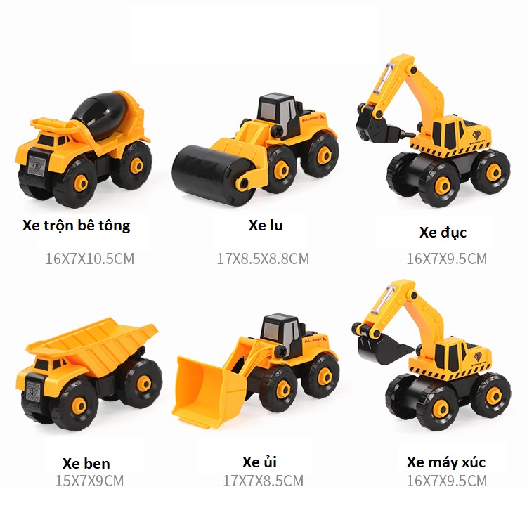 Bộ đồ chơi lắp ráp xe công trình gồm 6 xe kèm hộp đựng, tua vít, nhựa nguyên sinh cho bé KB221021